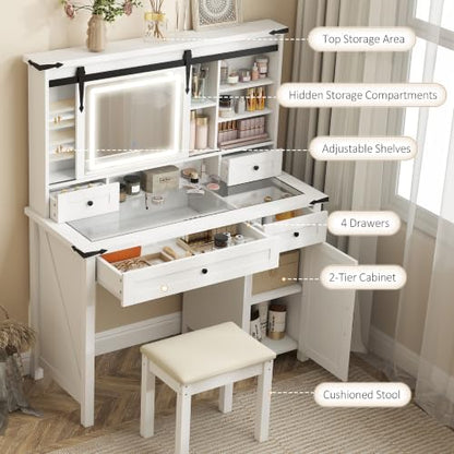 Farmhouse Vanity Desk with Mirror, LED Lights, Stool, White, view 6