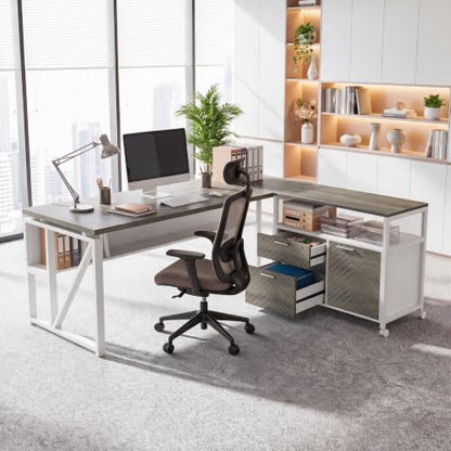 63" Executive Desk with Drawer Cabinet, L-Shaped Desk, Dark Oak, view 7