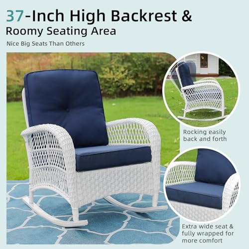 3 Pieces Patio Conversation Set, Rattan Outdoor Rocking Patio Bistro Set with 2 Rockers and 1 Side Table with 4" Thick Cushions, Outdoor Furniture Set for Porch Backyard, White Wicker/Navy