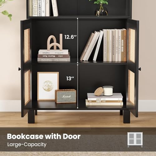 5 Shelf Bookshelf with Rattan Doors, 29.9" L×14.6" W×70.9" H Tall Bookcase with Freestanding Display Shelves, Farmhouse Boho Book Case for Home Office Reading Nook Living Room, Black