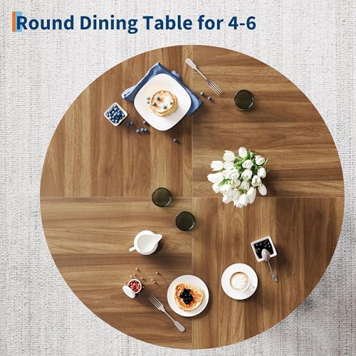 47" Round Dining Table for 4-6, Wood Kitchen Table with Sturdy Base, Farmhouse Circle Dinner Table for Dining Room, Living Room, 4 Strong Legs, Walnut