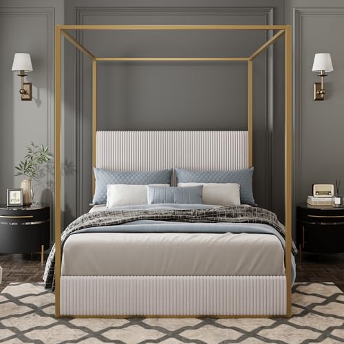 GDFStudio King Size Upholstered Canopy Bed Frame with Tall Corduroy Headboard, view 2