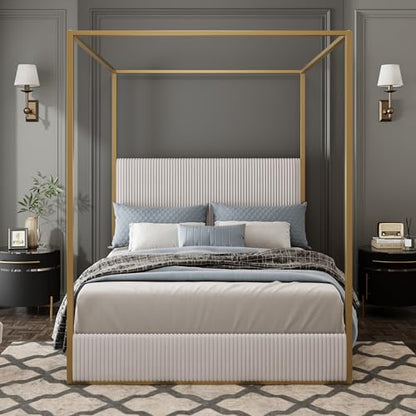 GDFStudio King Size Upholstered Canopy Bed Frame with Tall Corduroy Headboard, view 2