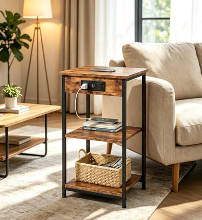 End Table with Charging Station, Small Night Stand with Storage Adjustable Shelf, Side Tables for Small Spaces, Bedside Tables for Living Room, Bedroom, Rustic Brown