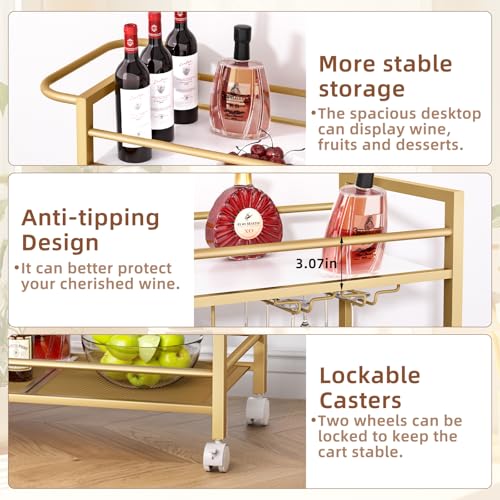 Bar Cart w/Wheels,2 Tier Home Bar Serving Cart,Flowing Gold, view 7