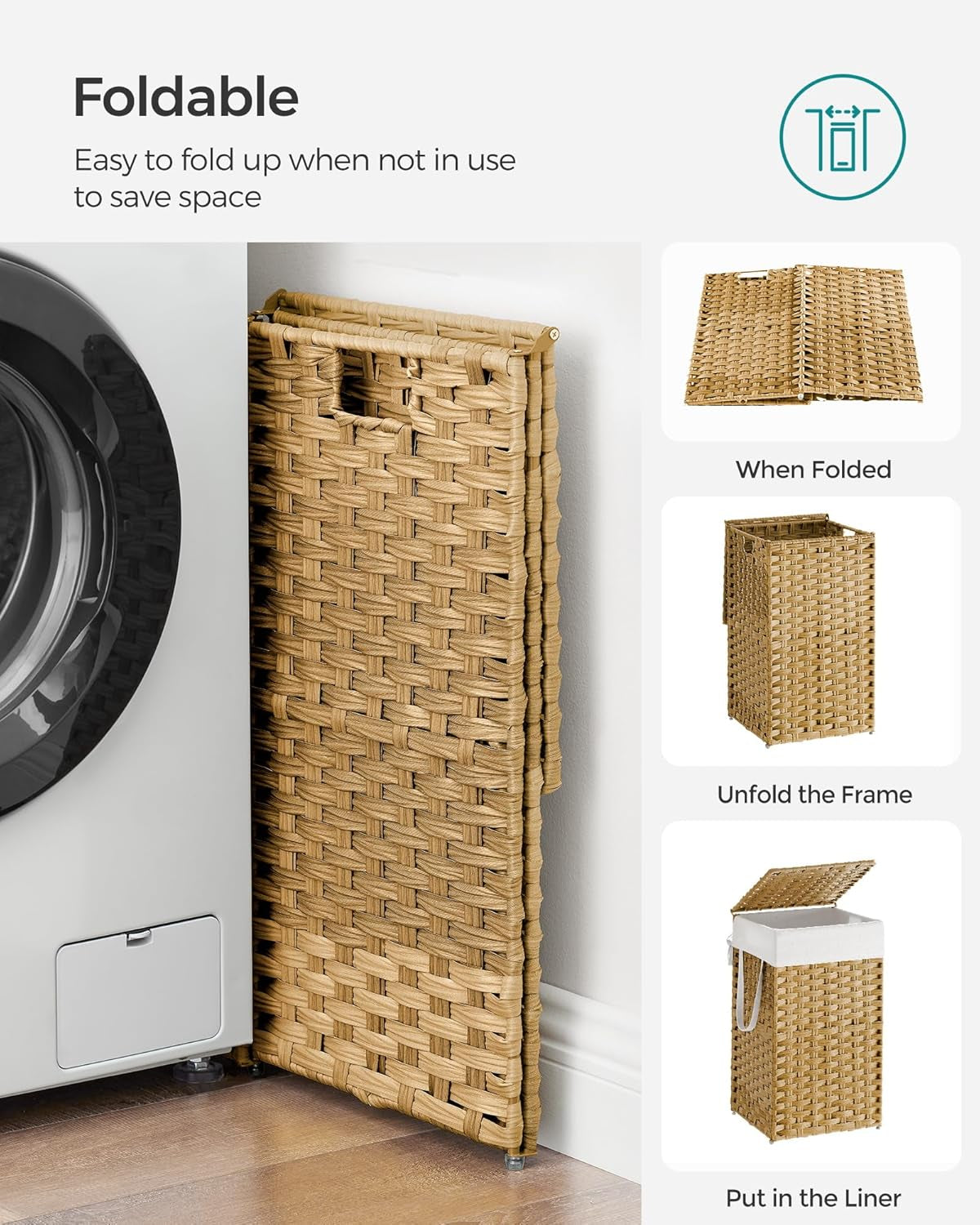 Laundry Hamper with Lid, 17.2 Gallon (65 L) Synthetic Rattan Clothes Laundry Basket with Lid and Handles, Foldable, Removable Liner, Goose Yellow ULCB165N01