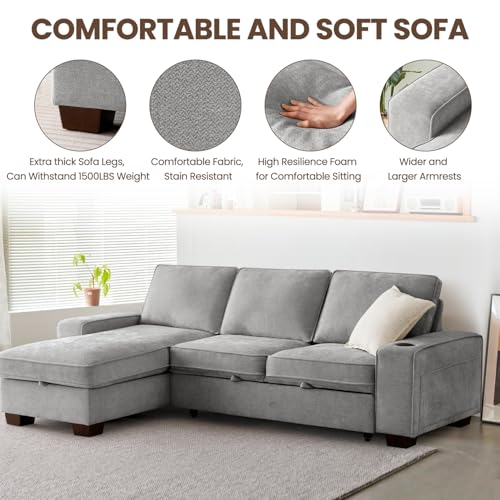 99" Convertible Sleeper Sofa Bed,L Shaped with Storage Chaise Pull Out Couch for Living Room,USB and Type-C,Removable Washable Chenille Covers (Gray)