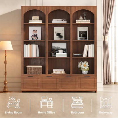 Walnut 4-tier bookshelf with drop-down cabinet, view 6