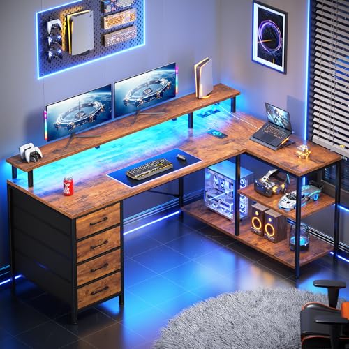 L Shaped Desk with 4 Drawers and Storage Shelves, L Shaped Gaming Desk with LED Lights & Power Outlets, Computer Desk with Shelves & Drawer, Corner Desk Home Office Desk, Rustic Brown