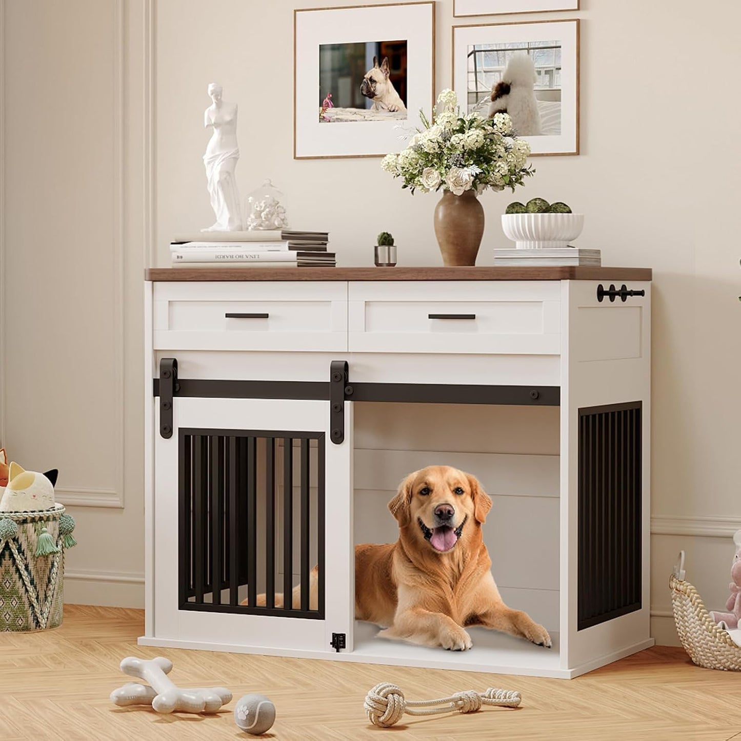 44.5'' Dog Crate Furniture with Hook and Storage Drawer, Wooden Dog Kennel with Sliding Barn Door Indoor Furniture Style Dog Crates End Table for Medium/Small Dogs
