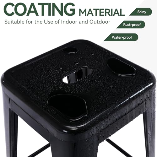 24 Inch Metal Bar Stools, Backless Counter Height Barstools, Indoor Outdoor Stackable Stools with Square Seat, Set of 4 (Black)
