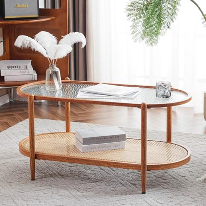 38" Rattan Oval Coffee Table, Water-Wave Glass Metal Center Table, Modern Coffees Table with 2-Tier Storage, Farmhouse Coffe Table for Living Room and Small Space, Natural Vibe