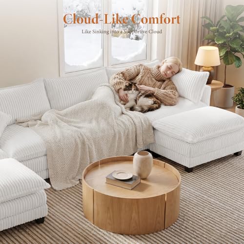 143" L Shaped Modular Sectional Sofa, Comfy Corduroy Upholstered Modular Sectional Couches for Living Room, Modern Cloud Couch with Ottoman Deep Seat, Warm White