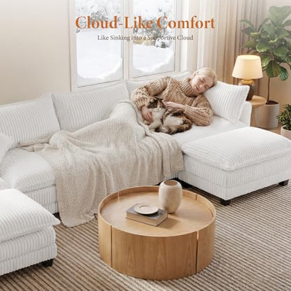 143" L Shaped Modular Sectional Sofa, Comfy Corduroy Upholstered Modular Sectional Couches for Living Room, Modern Cloud Couch with Ottoman Deep Seat, Warm White
