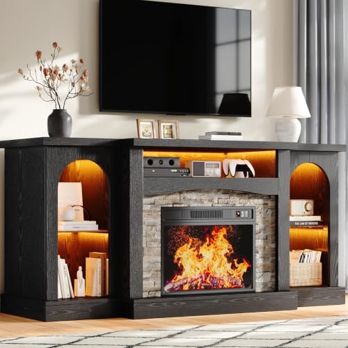 70'' Black Electric Fireplace TV Stand Entertainment Center with Fireplace for, view 2