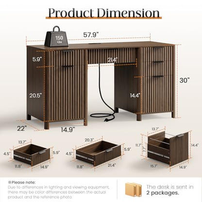 58" Fluted Home Office Desks with Storage, Power Outlet, Walnut, view 3