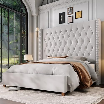 Queen Bed Frame 61.4" Tall Headboard Velvet upholstered,Cream, view 2