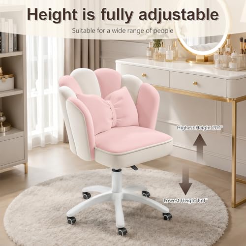 Vanity Chair with Wheels Velvet Petal Desk Chair Upholstered Tufted Home Office Chair for Women Girls, Height Adjustable Makeup Task Chair for Bedroom Living Room, Pink White