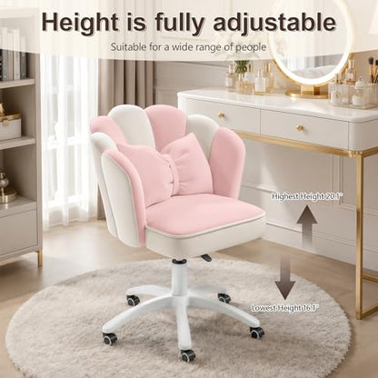 Vanity Chair with Wheels Velvet Petal Desk Chair Upholstered Tufted Home Office Chair for Women Girls, Height Adjustable Makeup Task Chair for Bedroom Living Room, Pink White