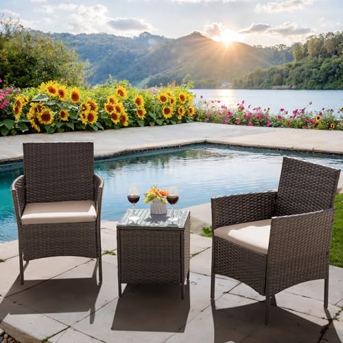 Patio Furniture Set 3 Pieces All-Weather Rattan Outdoor Furniture Patio Chairs with Tempered Glass Table for Porch Bistro Balcony (Brown/Cream)