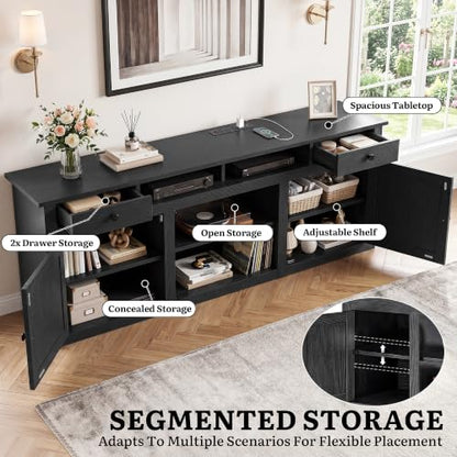 Farmhouse TV Stand with Power Outlet for 80 Inch TVs, Black, view 6