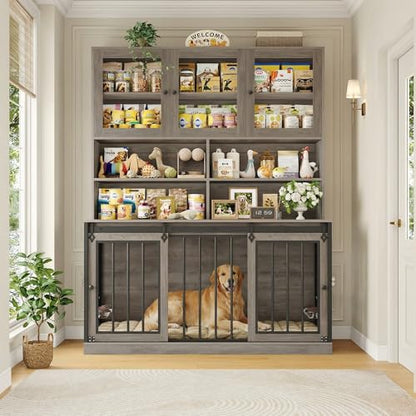 71" Tall Dog Crate Furniture, Indoor Dog Kennel with Storage, Grey, view 4