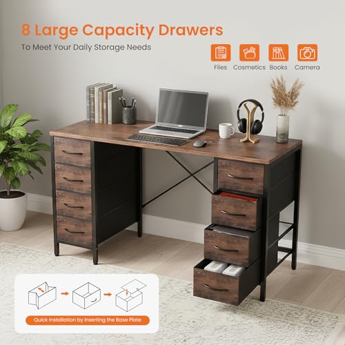 Desk with 8 Fabric Storage Drawers, Computer Office 47 Inch Gaming Writing Study Table with X-Shaped Reinforced Structure for Home Office Bedroom PC Desk, Brown