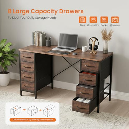 Desk with 8 Fabric Storage Drawers, Computer Office 47 Inch Gaming Writing Study Table with X-Shaped Reinforced Structure for Home Office Bedroom PC Desk, Brown