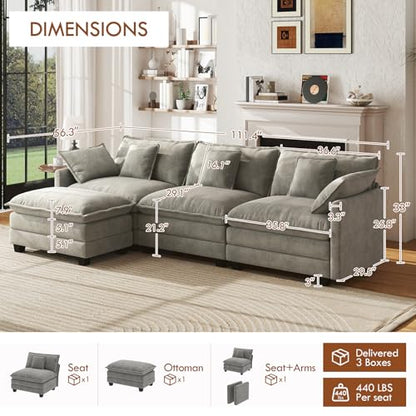 111.4” Cloud Couch, Modular Sectional Sofa, Comfy Modern 3-Seater Couches with Pillows & Upholstered Deep Seat Cushion for Apartment Living Room Bedroom （Grey）