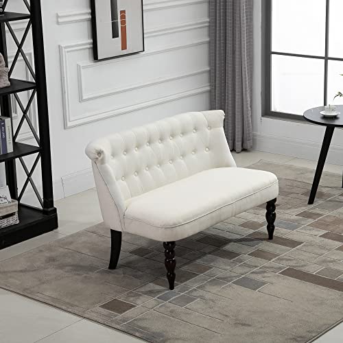 Fabric Loveseat with Wood Legs, Buton Tufted Settee, Cream White | Upholstered, Armless, Living Room