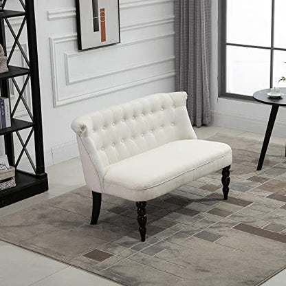 Fabric Loveseat with Wood Legs, Buton Tufted Settee, Cream White | Upholstered, Armless, Living Room