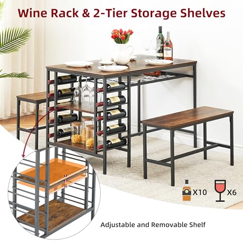 Dining Table Set for 4, Kitchen Table Set for 4 with 2 Benches, Rectangular Dining Room Table Set with Wine Rack, 3 Piece Dining Table Set for Small Space Apartment, Rustic Brown