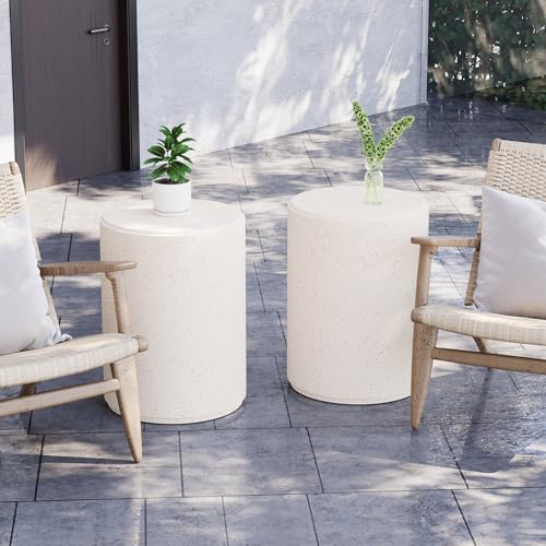 Outdoor Concrete Side Table, 20" H Outdoor End Tables, Cement Accent Table for Patio, Round Modern Garden Small Garden Stool for Patio, Backyard, Spotted White