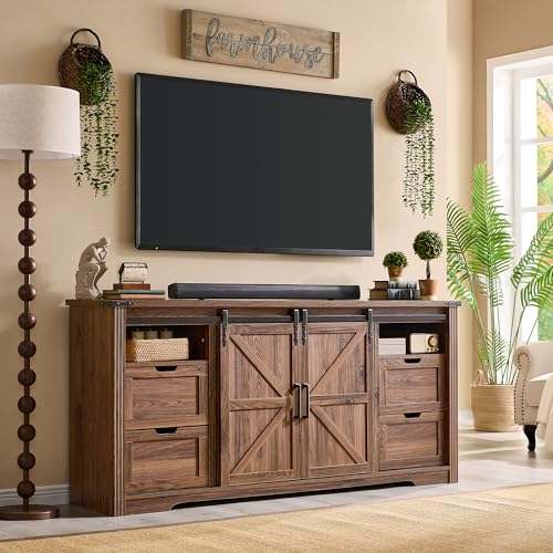 Farmhouse 66"TV Stand for 75+ Inch TV, With 4 Drawers & Sliding Barn Door | 32" Tall Entertainment Center, Rustic Media Console w/Storage Shelves, 66" Wood Television Stand for Living Room, Brown