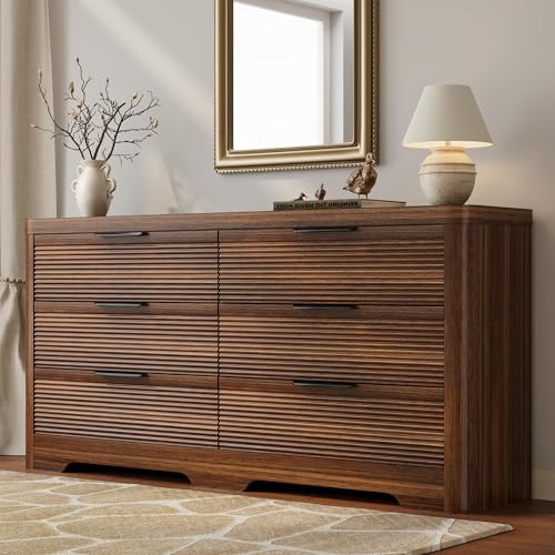 Fluted 6 Drawer Wood Dresser,Farmhouse Chest for Bedroom Entryway,Walnut, view 2