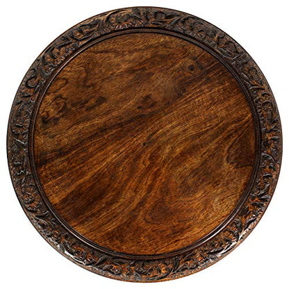 Solid Wood Accent End Table - Hand Carved Vintage Boho Folding Side Table - Small Spaces Entryway Farmhouse Living Room Bedside - No Tools Assembly -18x18 Round - Jaipur Antique Brown