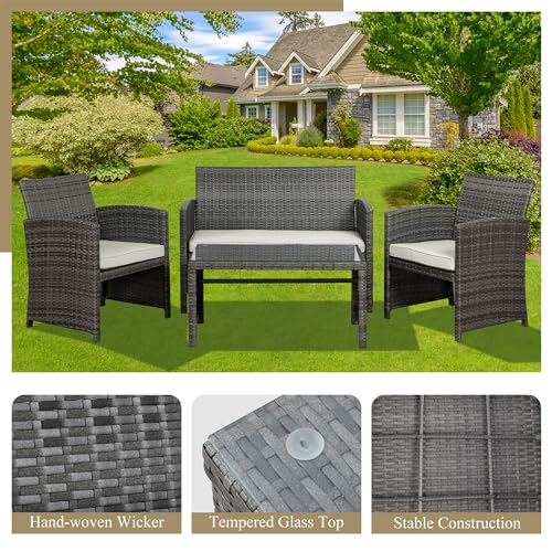 4 Piece Outdoor Patio Furniture Set, Outdoor Wicker Rattan Chairs Conversation Sets with Cushions & Coffee Table for Outside, Garden, Balcony, Porch, Beige