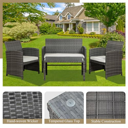 4 Piece Outdoor Patio Furniture Set, Outdoor Wicker Rattan Chairs Conversation Sets with Cushions & Coffee Table for Outside, Garden, Balcony, Porch, Beige