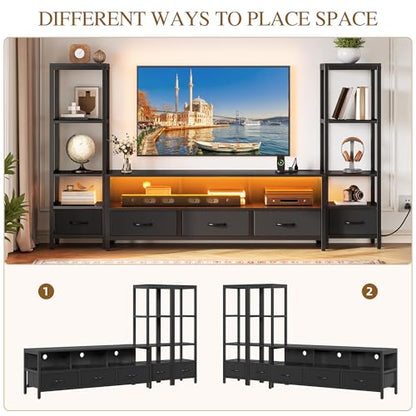 89.2" TV Stand, 5 Drawers & 2 Side Bookshelves, Black, view 5