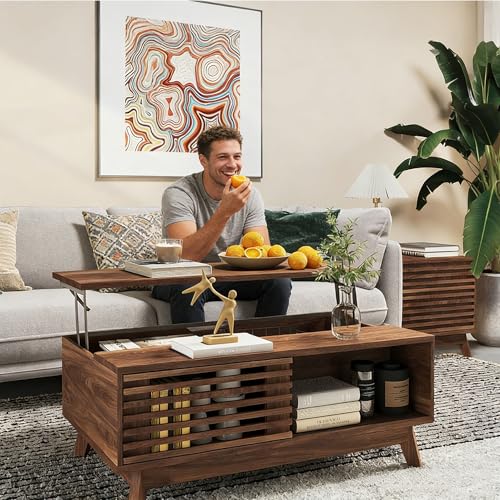 Lift Top Coffee Table, Mid Century Modern Coffee Table with Storage for Living Room, 35.4'' Walnut Coffee Tables with Sliding Fence Door (Brown)