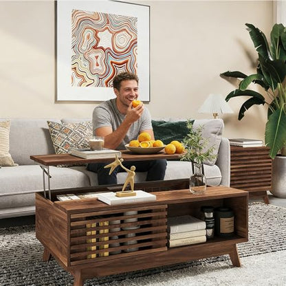 Lift Top Coffee Table, Mid Century Modern Coffee Table with Storage for Living Room, 35.4'' Walnut Coffee Tables with Sliding Fence Door (Brown)