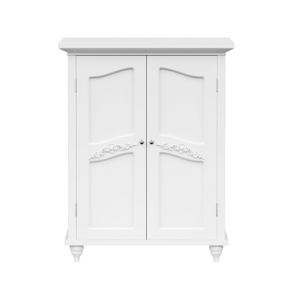 Versailles Wooden Freestanding Floor Storage Cabinet with 2 Adjustable Interior Shelves 3 Storage Spaces and 2 Floral Scroll Doors, White