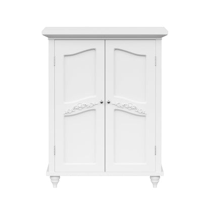 Versailles Wooden Freestanding Floor Storage Cabinet with 2 Adjustable Interior Shelves 3 Storage Spaces and 2 Floral Scroll Doors, White