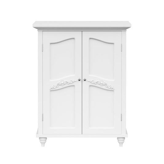 Versailles Wooden Freestanding Floor Storage Cabinet with 2 Adjustable Interior Shelves 3 Storage Spaces and 2 Floral Scroll Doors, White