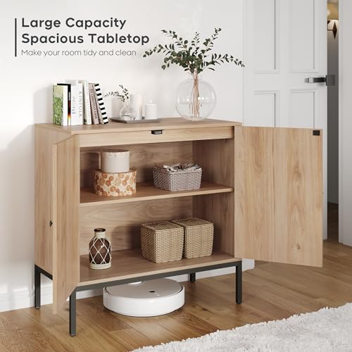 Set of 2 Sideboard Buffet Cabinet with Natural Rattan Decorated Doors, 63" W Rattan Cabinet, Console Storage Cabinet, Boho Credenza for Living Room, Entryway, Dining Room/Square Doors