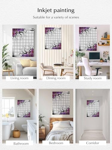 NuYeBiofx Halloween Flower Berry Tree Branch Canvas Wall Art Prints,48"x32" Framed Picture Artwork Purple Plant Gray Check Printed Canvas Oil Painting for Living Room Bedroom Office,Ready to Hang