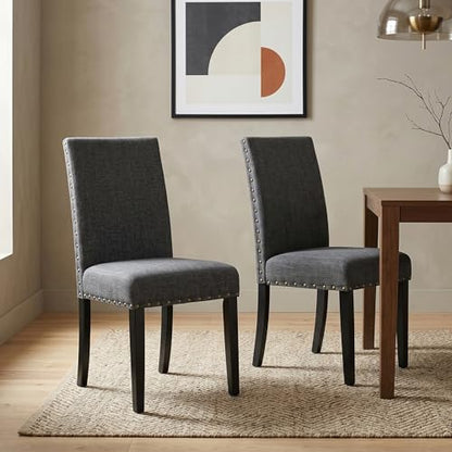 Biony Gray Fabric Dining Chairs with Nailhead Trim, Pack of 2