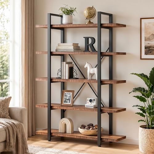 5 Tier Solid Wood Bookshelf, Natural Real Wood Bookcase, Industrial Rustic Vintage Etagere Bookshelf, Open Metal Farmhouse Solid Wooden Book Shelf, Distressed Brown