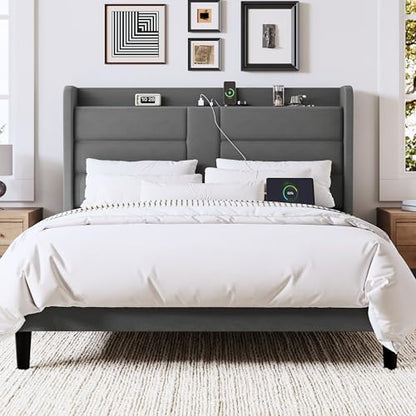 Queen Size Platform Bed Frame with Charging Station & Storage Headboard, view 4