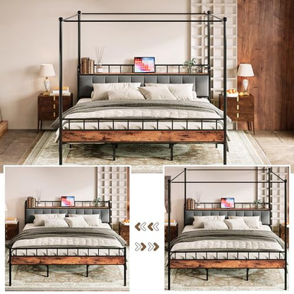 King Canopy Bed Frame, Storage Headboard with Charging Station, view 5